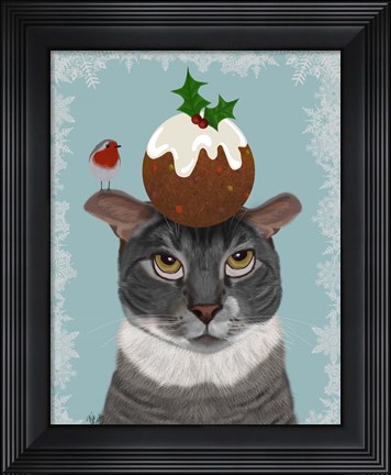 Framed Grey Cat and Christmas Pudding Print