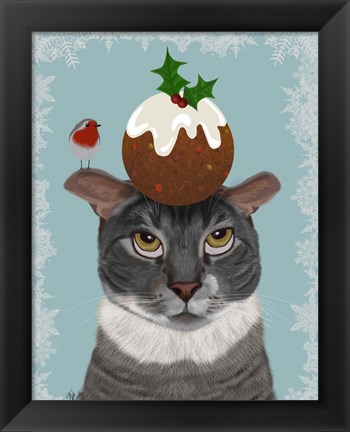 Framed Grey Cat and Christmas Pudding Print