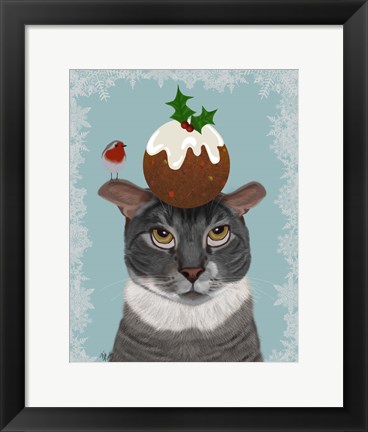 Framed Grey Cat and Christmas Pudding Print