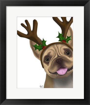 Framed French Bulldog, Antlers 2 Print