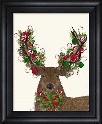 Framed Deer, Candy Cane Wreath Print