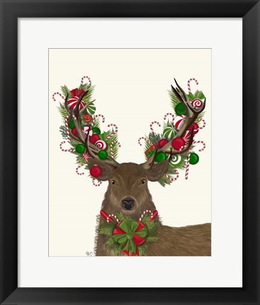 Framed Deer, Candy Cane Wreath Print