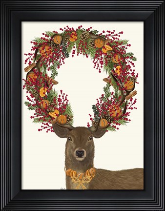 Framed Deer, Cranberry and Orange Wreath, Full Print
