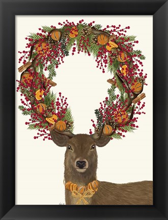 Framed Deer, Cranberry and Orange Wreath, Full Print