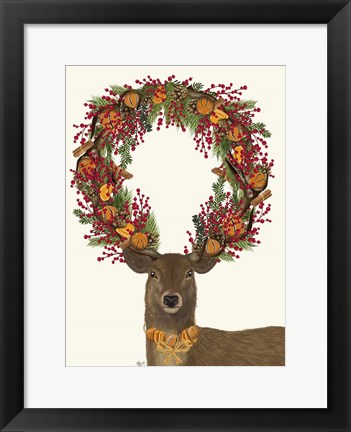 Framed Deer, Cranberry and Orange Wreath, Full Print