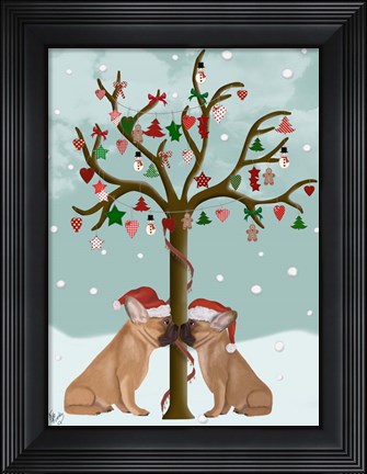 Framed French Bulldogs and Christmas Tree Print
