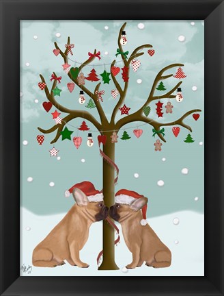 Framed French Bulldogs and Christmas Tree Print