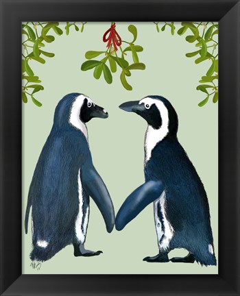 Framed Penguins And Mistletoe Print