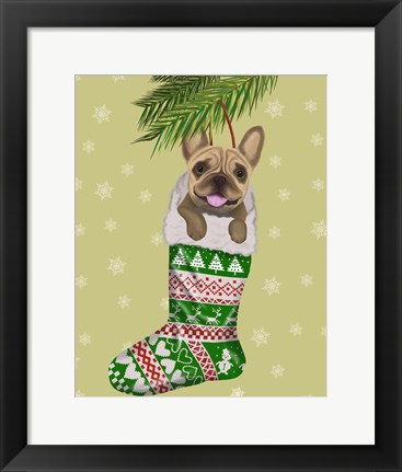 Framed French Bulldog in Christmas Stocking Print