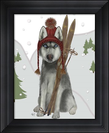 Framed Husky Skiing Print