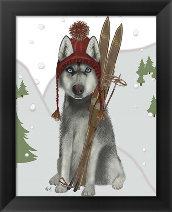 Framed Husky Skiing Print