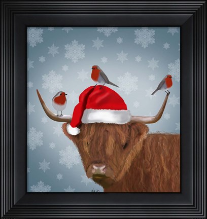 Framed Highland Cow and Robins Print