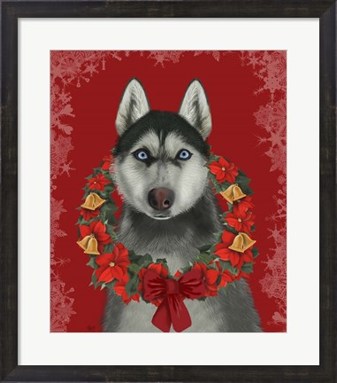 Framed Husky and Poinsettia Wreath Print