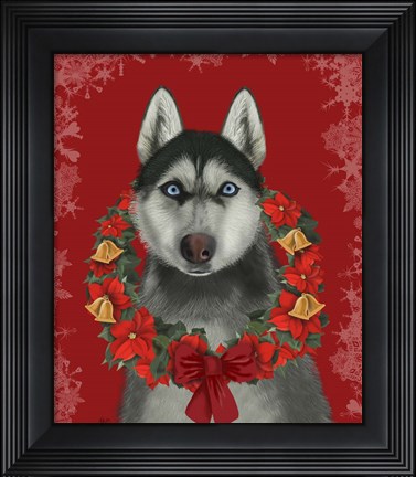 Framed Husky and Poinsettia Wreath Print