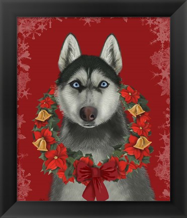 Framed Husky and Poinsettia Wreath Print