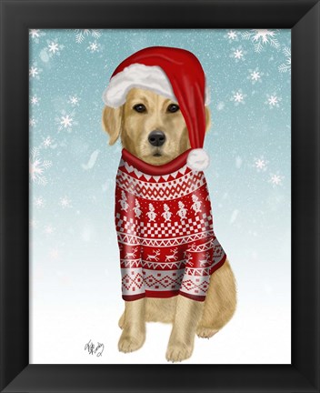 Framed Golden Retriever in Christmas Sweater Print