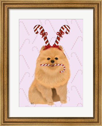 Framed Pomeranian and Candy Canes Print