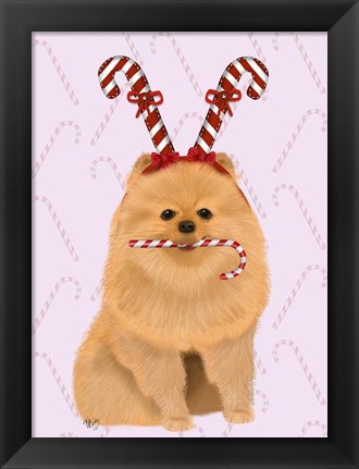 Framed Pomeranian and Candy Canes Print