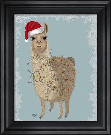Framed Llama, Christmas Lights 2 Print