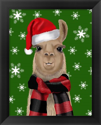 Framed Llama, Christmas Hat Print