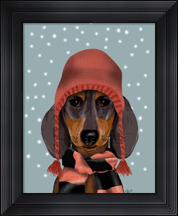 Framed Dachshund With Woolly Hat &amp; Scarf Print