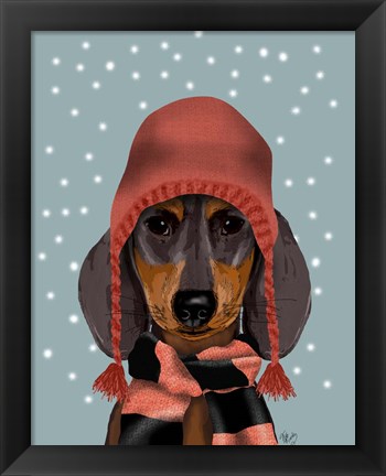 Framed Dachshund With Woolly Hat &amp; Scarf Print