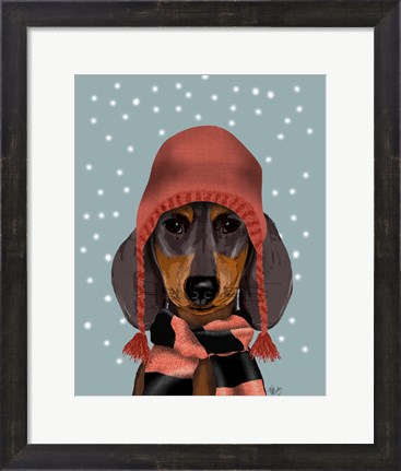 Framed Dachshund With Woolly Hat &amp; Scarf Print