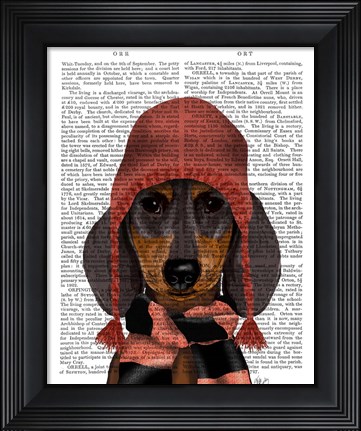 Framed Dachshund in Pink Hat and Scarf Print