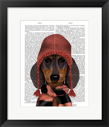 Framed Dachshund in Pink Hat and Scarf Print