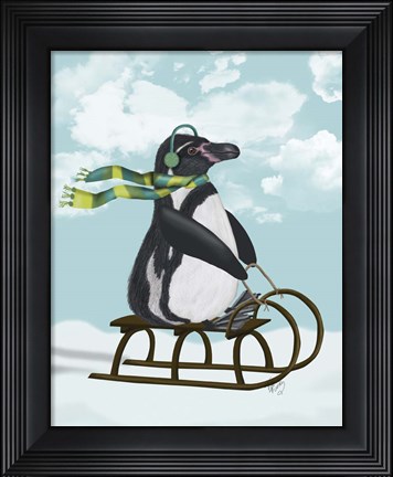 Framed Penguin On Sled Print