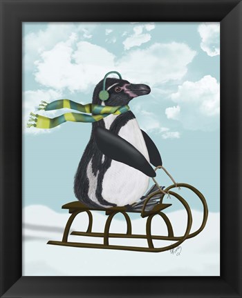 Framed Penguin On Sled Print