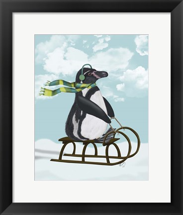 Framed Penguin On Sled Print