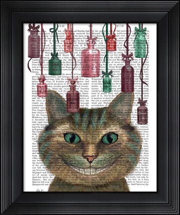 Framed Cheshire Cat and Bottles Print