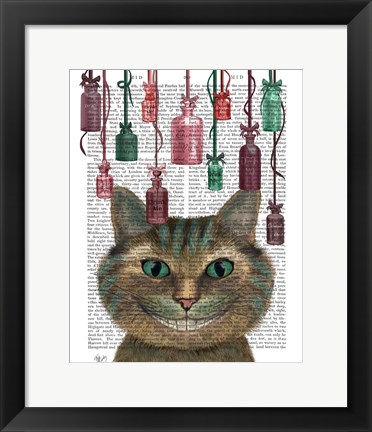 Framed Cheshire Cat and Bottles Print