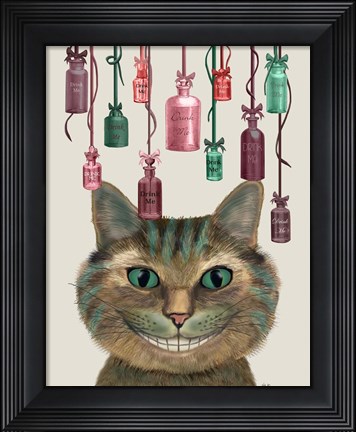 Framed Cheshire Cat and Bottles Print