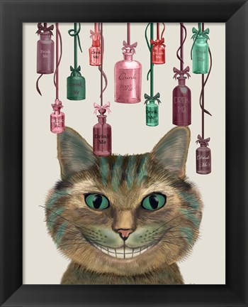 Framed Cheshire Cat and Bottles Print