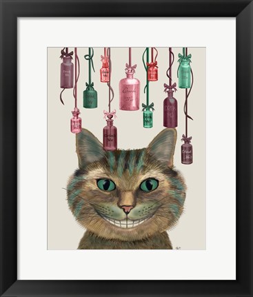 Framed Cheshire Cat and Bottles Print