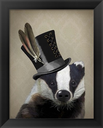 Framed Steampunk Badger in Top Hat Print