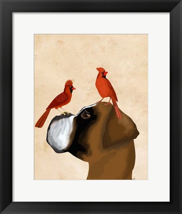 Framed Boxer and Red Cardinals Print