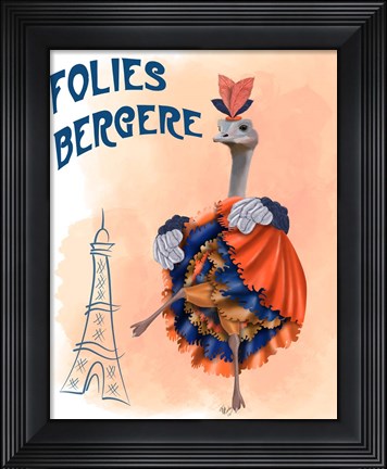 Framed Ostrich, Can Can in Orange and Blue Print