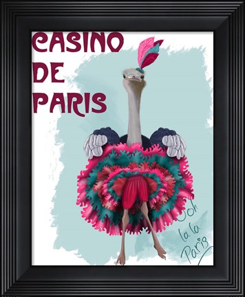 Framed Ostrich, Can Can in Pink and Turquoise Print