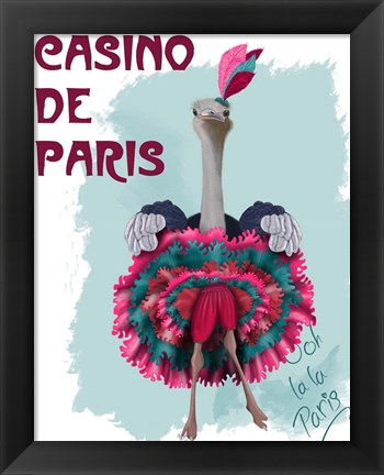 Framed Ostrich, Can Can in Pink and Turquoise Print