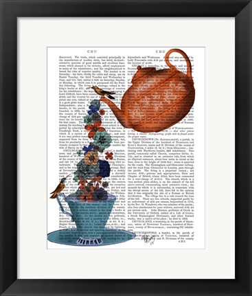 Framed Teapot, Cup and Flowers, Orange and Blue Print