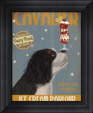 Framed Cavalier King Charles, Black White, Ice Cream Print