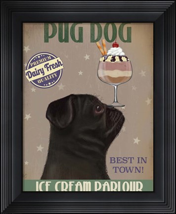 Framed Pug, Black, Ice Cream Print