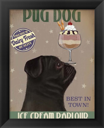 Framed Pug, Black, Ice Cream Print