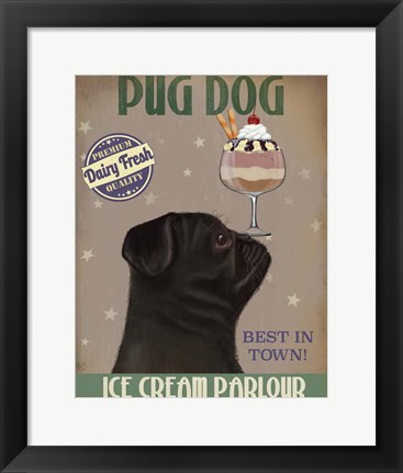 Framed Pug, Black, Ice Cream Print