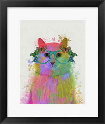 Framed Rainbow Splash Cat 3, Portrait Print