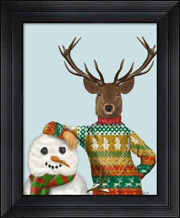 Framed Deer in Christmas Sweater with Snowman Print