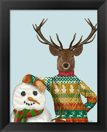 Framed Deer in Christmas Sweater with Snowman Print